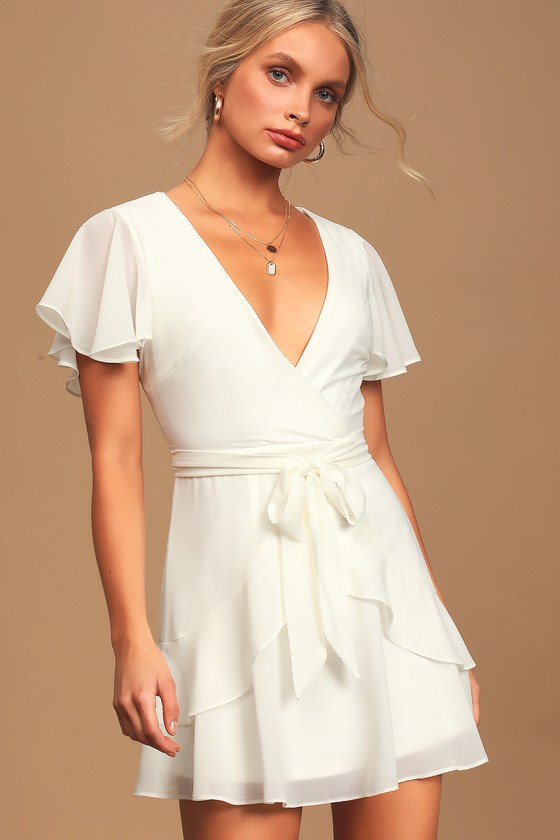 Cute White Dress - Faux Wrap Dress ...